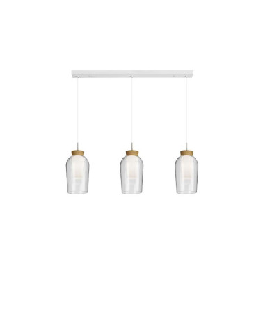 Lámpara colgante de tres luces en línea  E27 max. 20W en acabado blanco y madera o dorado y mármol