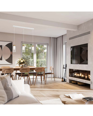Three-light pendant lamp in line E27 max. 20W in white and wood or gold and marble finish