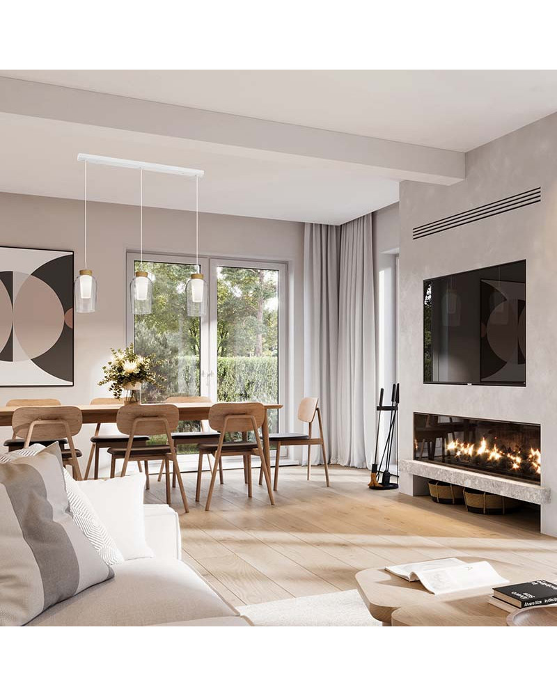 Lámpara colgante de tres luces en línea  E27 max. 20W en acabado blanco y madera o dorado y mármol