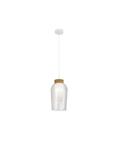 Lámpara con tulipa de cristal colgante E27 diseño limpio en blanco o en elegante dorado con toques de madera o mármol