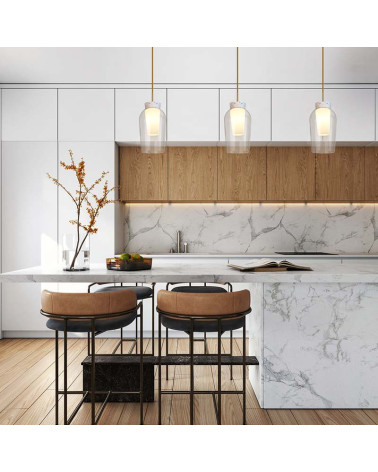 Hanging lamp with glass shade E27, clean design in white or elegant gold with touches of wood or marble