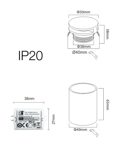 5cm square black aluminum interior marker with semicircle LED 2W 3000K 60 Lm.