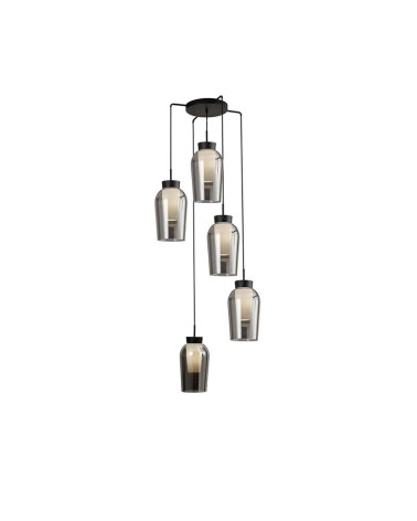 Lámpara de techo con 5 tulipas de cristal oscurecida E27 max. 20W acabado negro con detalles en mármol