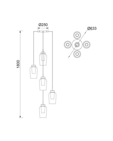 Lámpara de techo con 5 tulipas de cristal oscurecida E27 max. 20W acabado negro con detalles en mármol