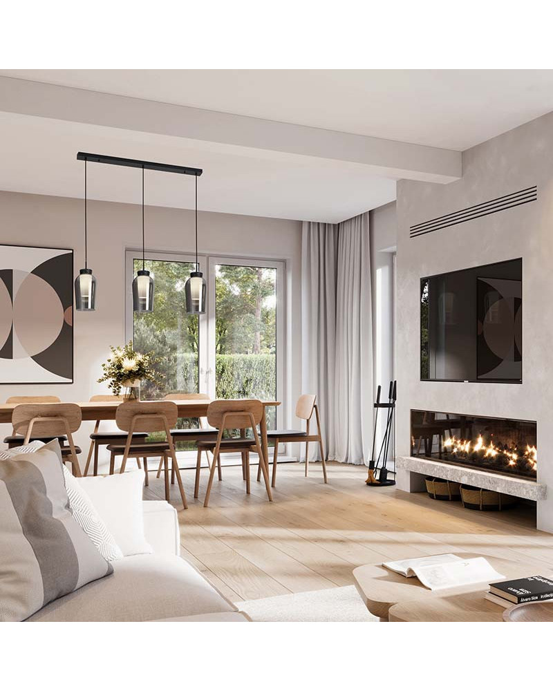 Three-light pendant lamp in line E27 max. 20W black finish with marble details