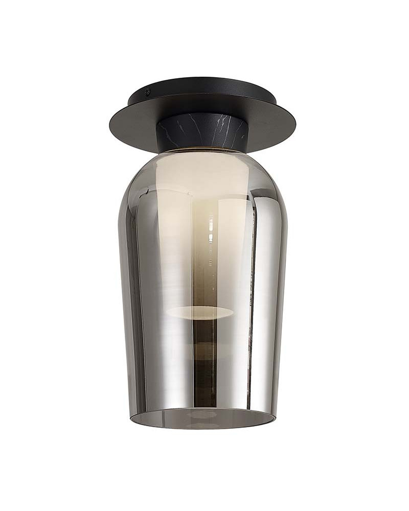 Plafón de techo de original diseño elegante con tulipa de cristal tintado E27 acabado negro y mármol