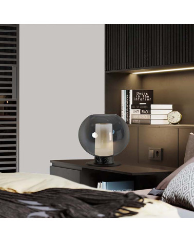 Contemporary table lamp 1xE27, spherical smoked glass shade and black imitation marble base