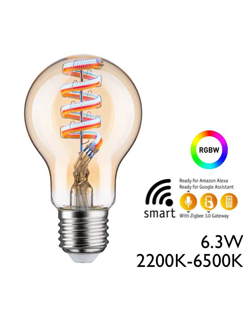 Bombilla estándar ambar LED 6,3W E27 RGBW Alexa Google Home regulable A60