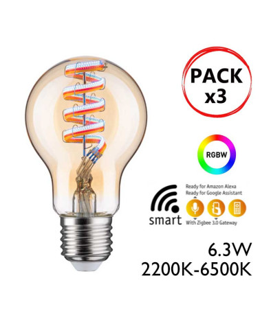 Pack 3 Bombillas estándar ambar LED 6,3W E27 CCT Alexa Google Home regulable A60