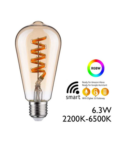 Bombilla edison ambar LED 6,3W E27 RGBW compatible Alexa Google Home regulable ST64