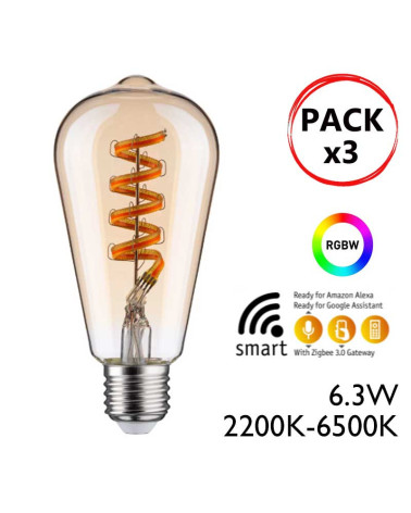 Pack of 3 Edison amber LED bulbs 3X6.3W E27 CCT compatible Alexa Google Home dimmable ST64