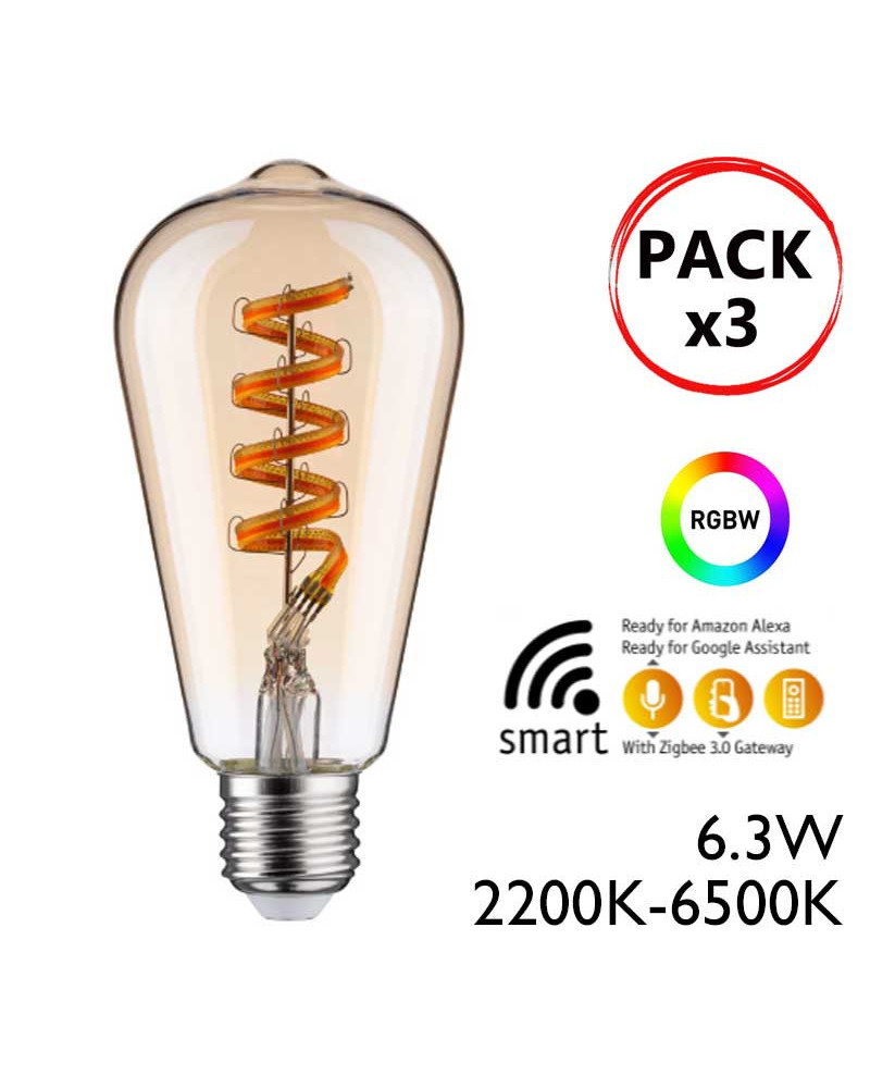 Pack of 3 Edison amber LED bulbs 3X6.3W E27 CCT compatible Alexa Google Home dimmable ST64