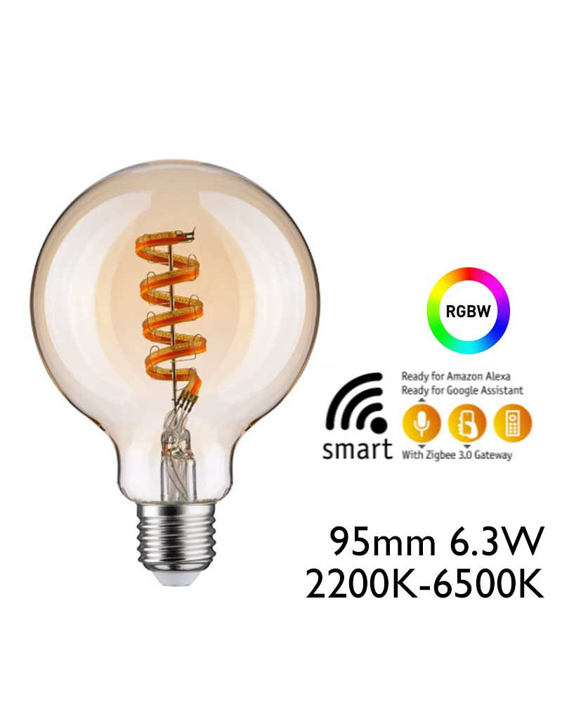 Bombilla globo 95mm ambar LED 6,3W E27 RGBW  Alexa Google Home regulable G95