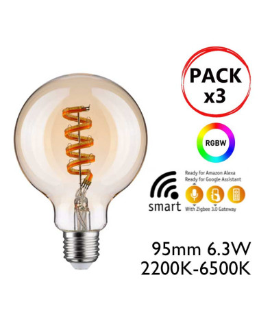Pack 3 Bombillas globo 95mm ambar LED 3X6,3W E27 CCT Alexa Google Home regulable G95