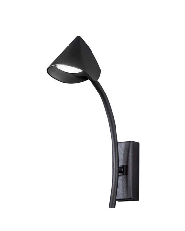 6W 3000K LED wall light in black aluminum with curved stem and adjustable conical spotlight with hood effect