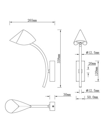 6W 3000K LED wall light in black aluminum with curved stem and adjustable conical spotlight with hood effect