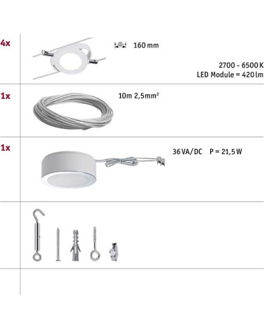 Sistema de cable LED 4x4W Bluetooth 4x320lm 12V blanco mate CCT Switch 2700K/4000K/6500K