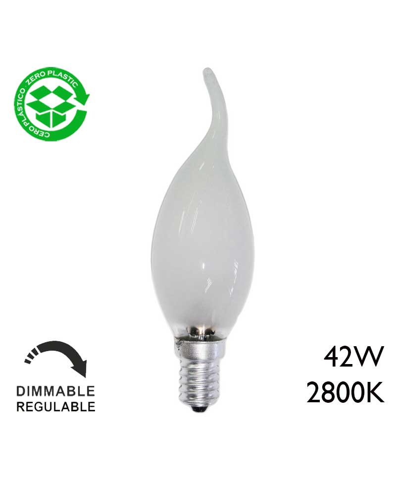 Bombilla halógena vela punta torcida 42W ECO E14 mate de bajo consumo regulable
