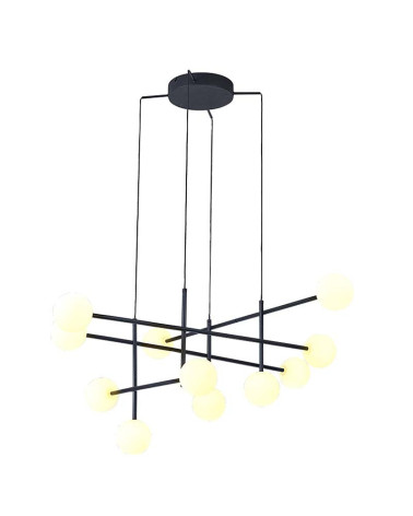 Lámpara colgante LED de estructura molecular negra con once esferas de cristal opal