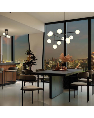 Black molecular structure LED pendant lamp with eleven opal glass spheres