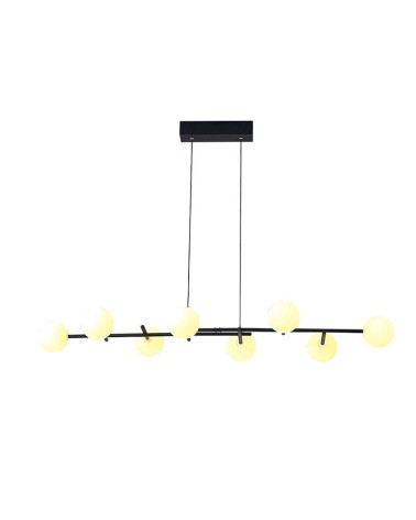 Lámpara colgante LED de silueta lineal minimalista de 116cm en metal negro con ocho esferas de cristal opal