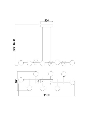 Lámpara colgante LED de silueta lineal minimalista de 116cm en metal negro con ocho esferas de cristal opal