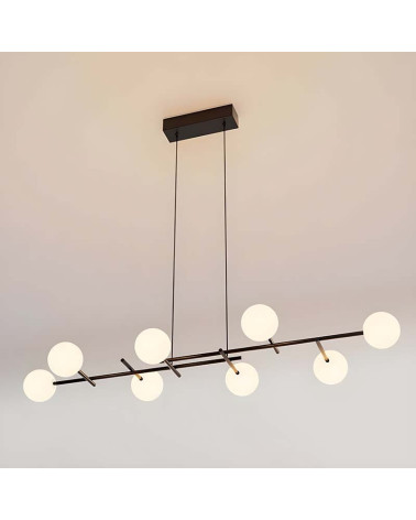 Lámpara colgante LED de silueta lineal minimalista de 116cm en metal negro con ocho esferas de cristal opal