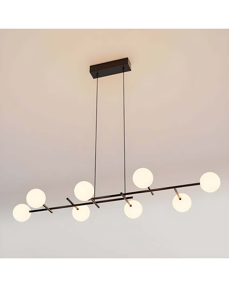 Lámpara colgante LED de silueta lineal minimalista de 116cm en metal negro con ocho esferas de cristal opal