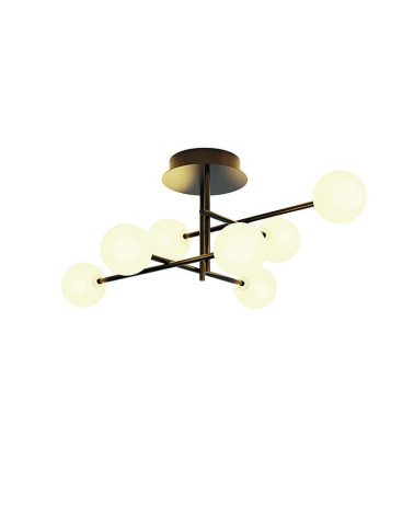 Plafón de techo LED de estructura molecular negra con siete esferas de cristal opal