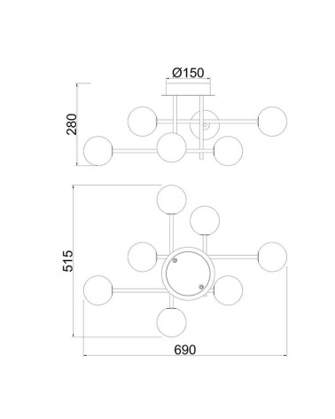 Plafón de techo LED de estructura molecular negra con siete esferas de cristal opal