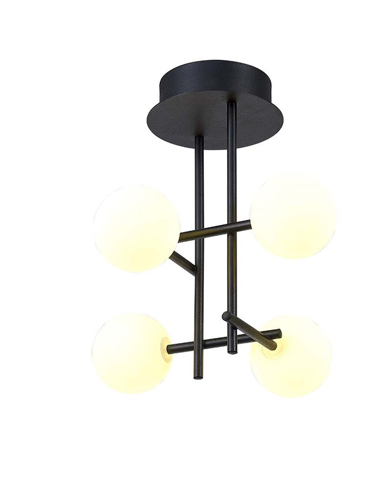 Black molecular structure LED ceiling light with four opal glass spheres