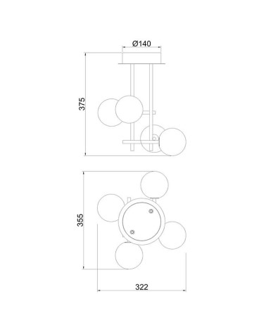Plafón de techo LED de estructura molecular negra con cuatro esferas de cristal opal