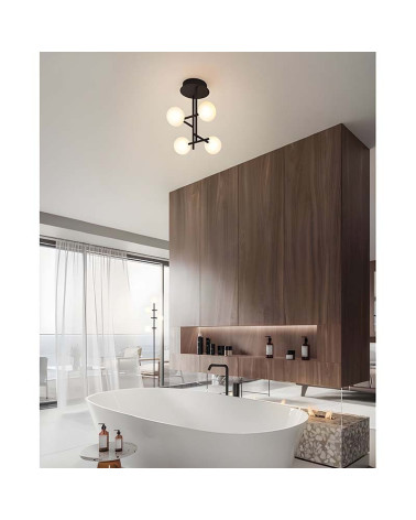 Plafón de techo LED de estructura molecular negra con cuatro esferas de cristal opal