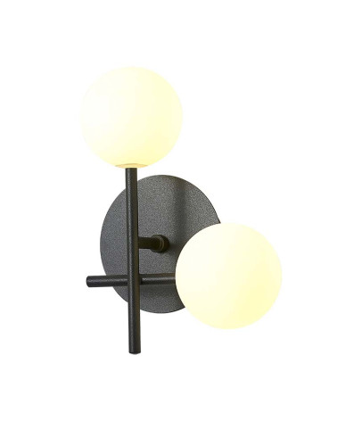Black molecular design 2x5W LED wall light with two opal glass spheres