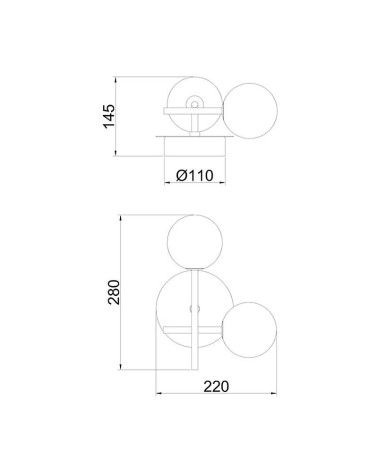 Aplique de pared LED 2x5W de diseño molecular negro con dos esferas de cristal opal
