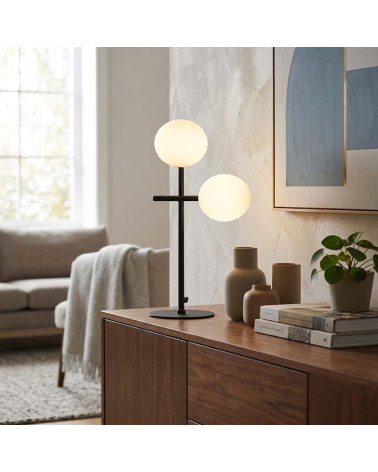 Lámpara de sobremesa LED 2x5W de estructura molecular negra con dos esferas de cristal opal