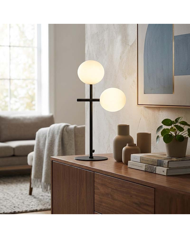 2x5W LED table lamp with black molecular structure and two opal glass spheres