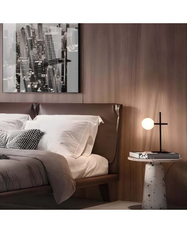 Minimalist 5W LED table lamp with opal glass sphere and black metal finish
