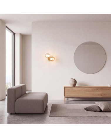 Gold LED wall light 12W and 3000K double spherical glass shade 1000Lm
