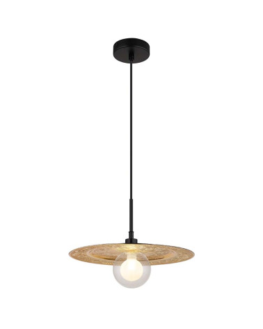 Gold pendant lamp 1xG9 LED with ornate disc and opal glass shade