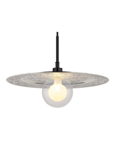 Lámpara colgante plateada 1xG9 LED 5W con disco adornado y tulipa de cristal opal