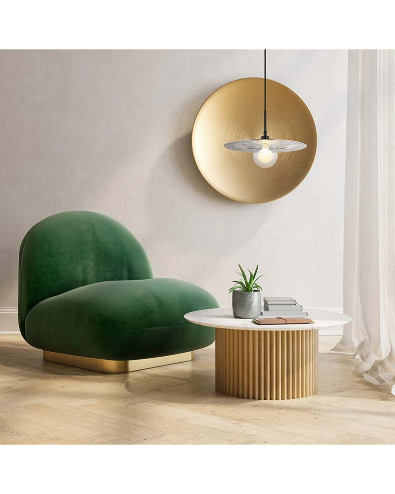 Silver pendant lamp 1xG9 LED 5W with ornate disc and opal glass shade