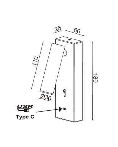 LED reading light with satin nickel finish, rectangular base and switch, 3W 3000K 210Lm