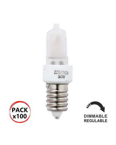 Pack 100 Bombillas Halógenas 50W Minican E14 230V regulables de luz cálida