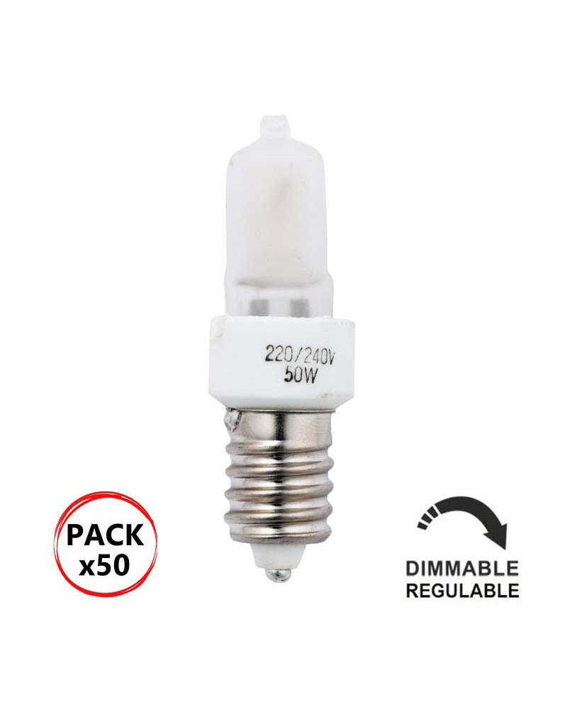 Pack 50 Bombillas Halógenas 50W Minican E14 230V regulables de luz cálida