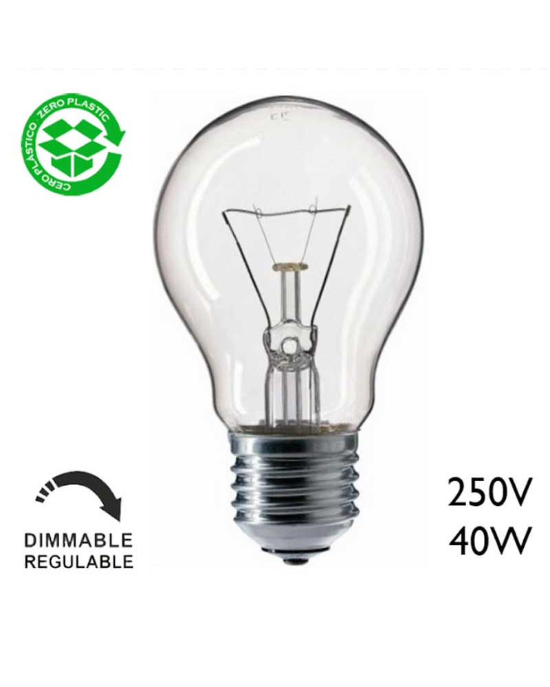 40W E27 clear incandescent standard bulb, 250V, filament