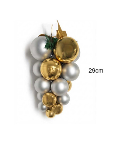 Racimo de bolas navideñas 29cms brillantes en acabado plata mate y dorado