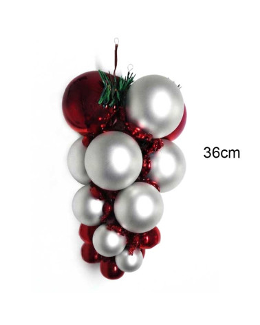 Racimo de bolas navideñas 36cms brillantes en acabado granate brillo  y plata mate
