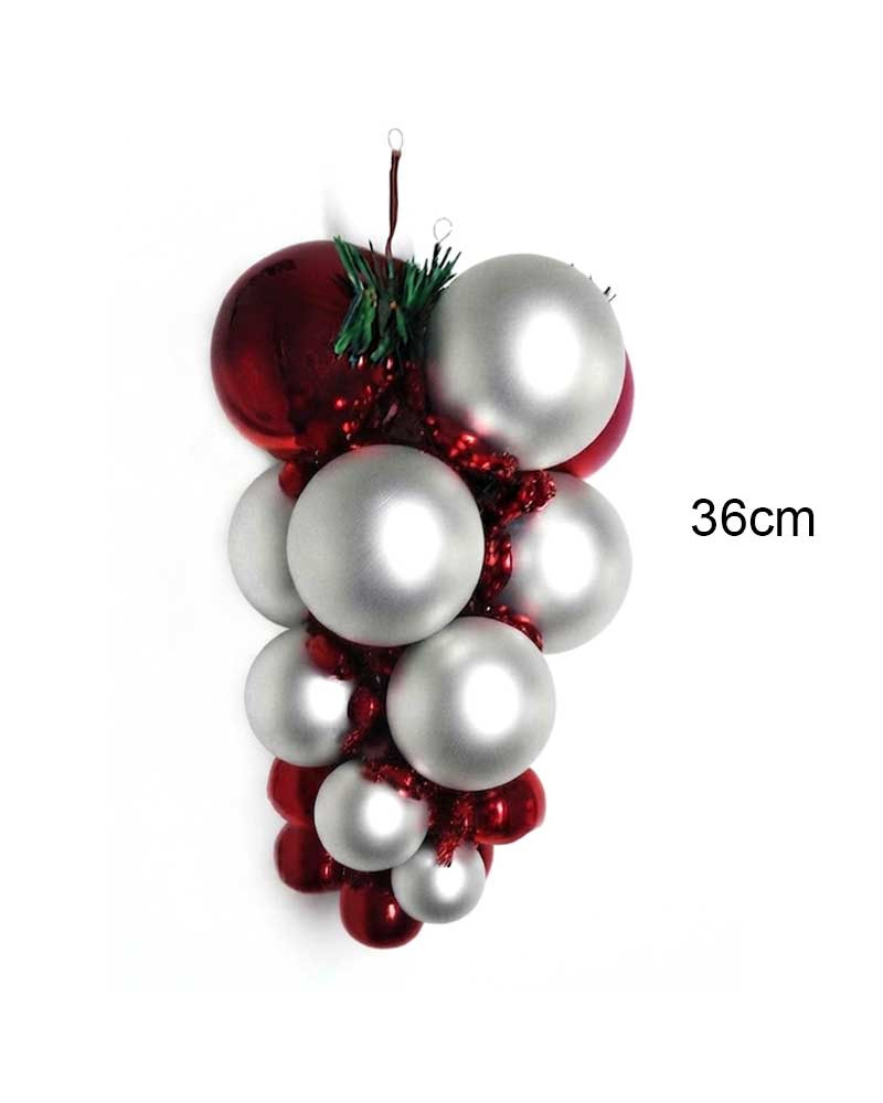 Cluster of 36 cm Christmas baubles in a glossy burgundy and matte silver finish.