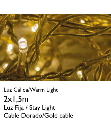 2 x 1.5m LED curtain, warm white LEDs, gold cable, connectable, suitable for indoor use.